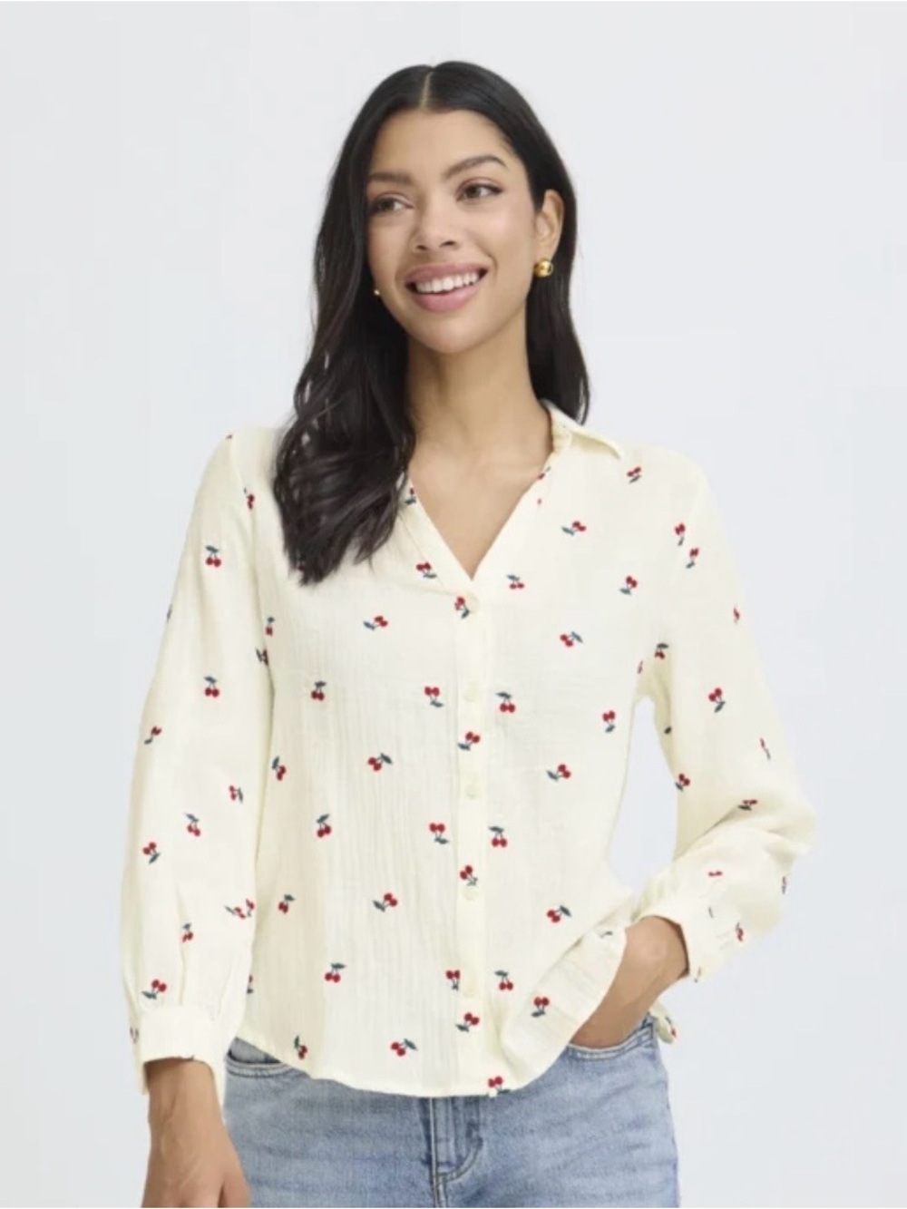 B.Young Iberlin Cherry Print Cotton Waffle Button-front Shirt